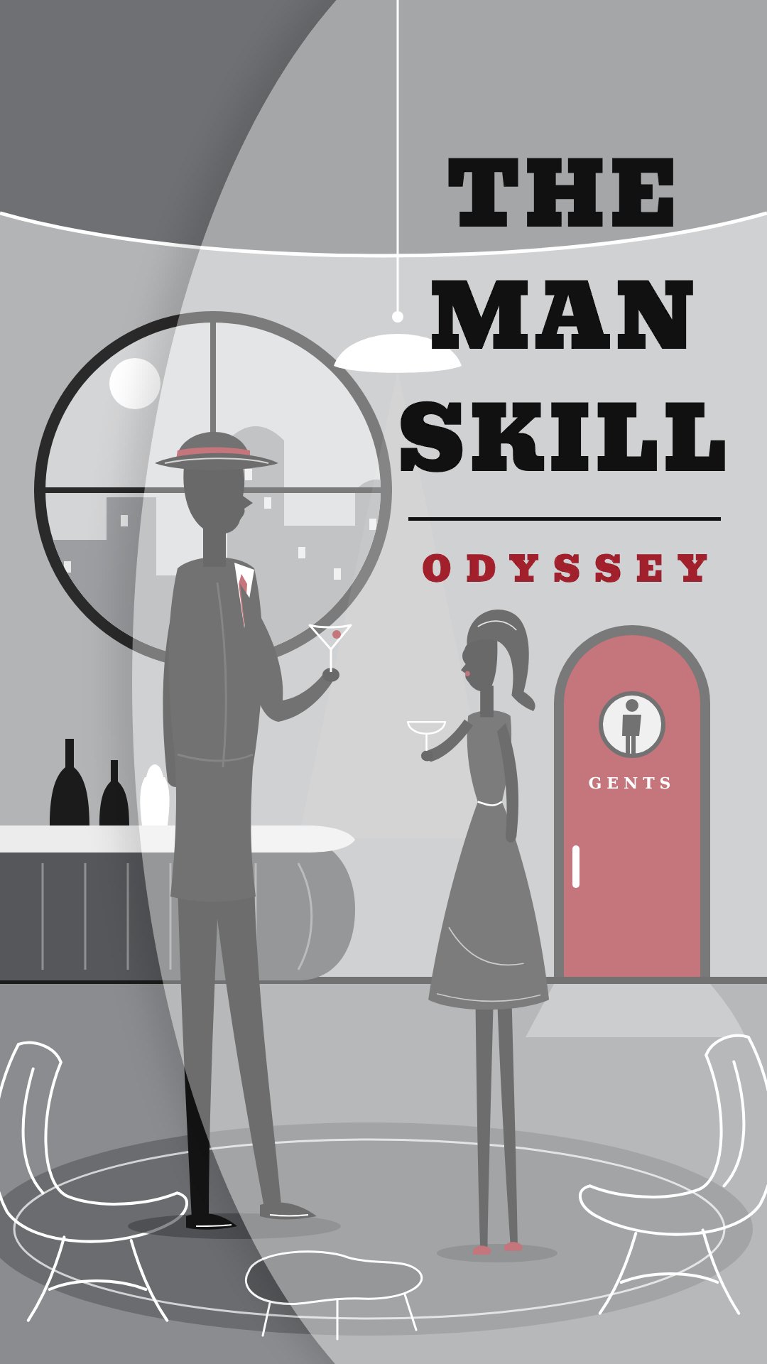 The Man Skill Odyssey title screen: a man and a woman in a retro lounge bar beside the gents